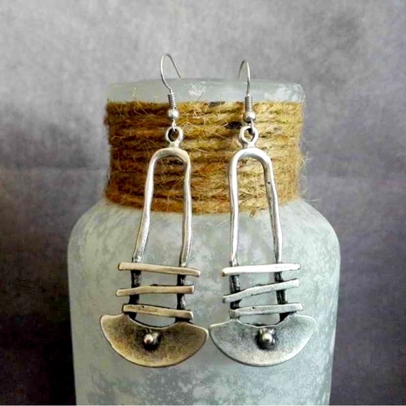 New Native Tribal Handmade Sterling Silver Antique Style Geo Dangle Earrings - Picture 2 of 16